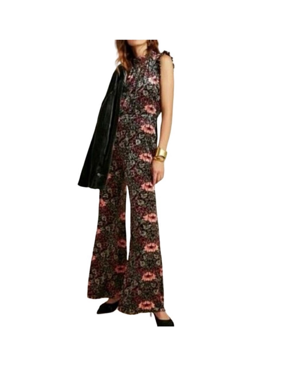 Ali + Jay ANTHROPOLOGIE Etienne Black Velvet Floral Split-Back Jumpsuit - Small